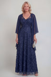 Sparkly Navy A Line V Neck Maxi Mother of the Bride Dress