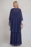 Sparkly Navy A Line V Neck Maxi Mother of the Bride Dress