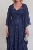 Sparkly Navy A Line V Neck Maxi Mother of the Bride Dress