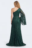 Sparkly One Shoulder Appliqued Dark Green Mother of the Bride Dress
