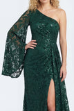 Sparkly One Shoulder Appliqued Dark Green Mother of the Bride Dress