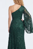 Sparkly One Shoulder Appliqued Dark Green Mother of the Bride Dress