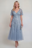 Sequin Grey Blue A Line V Neck Mother of the Bride Dress