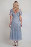 Sequin Grey Blue A Line V Neck Mother of the Bride Dress