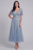 Sequin Grey Blue A Line V Neck Mother of the Bride Dress