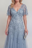 Sequin Grey Blue A Line V Neck Mother of the Bride Dress