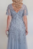 Sequin Grey Blue A Line V Neck Mother of the Bride Dress
