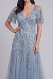 Sequin Grey Blue A Line V Neck Mother of the Bride Dress