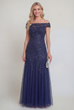 Off the Shoulder A Line Appliqued Navy Mother of the Bride Dress