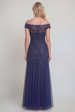 Off the Shoulder A Line Appliqued Navy Mother of the Bride Dress