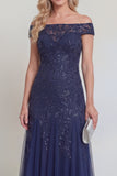 Off the Shoulder A Line Appliqued Navy Mother of the Bride Dress