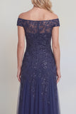 Off the Shoulder A Line Appliqued Navy Mother of the Bride Dress