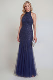 Halter Mermaid Sequin Appliqued Navy Mother of the Bride Dress