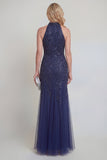 Halter Mermaid Sequin Appliqued Navy Mother of the Bride Dress
