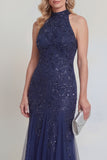 Halter Mermaid Sequin Appliqued Navy Mother of the Bride Dress