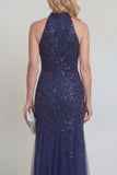 Halter Mermaid Sequin Appliqued Navy Mother of the Bride Dress