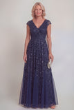 Sparkly A Line Navy Appliqued V Neck Mother of the Bride Dress