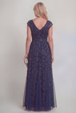 Sparkly A Line Navy Appliqued V Neck Mother of the Bride Dress