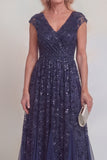 Sparkly A Line Navy Appliqued V Neck Mother of the Bride Dress