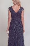 Sparkly A Line Navy Appliqued V Neck Mother of the Bride Dress