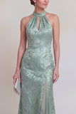 Halter Jacquard Mermaid Sage Green Cut Out Mother of the Bride Dress