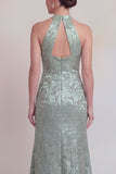 Halter Jacquard Mermaid Sage Green Cut Out Mother of the Bride Dress
