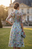High Neck A Line Blue Floral Embroidered Mother of the Bride Dress