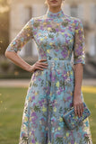 High Neck A Line Blue Floral Embroidered Mother of the Bride Dress