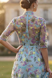 High Neck A Line Blue Floral Embroidered Mother of the Bride Dress