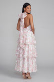 Tiered Halter Floral Blue Wedding Guest Dress with Bow