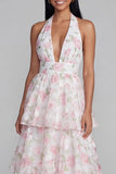 Tiered Halter Floral Blue Wedding Guest Dress with Bow