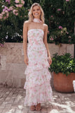 Floral Pink Strapless Wedding Guest Dress with Ruffles