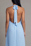 Halter Pleated Sky Blue A Line Backless Wedding Guest Dress
