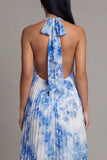 Halter Pleated Sky Blue A Line Backless Wedding Guest Dress