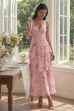 Tiered A Line Floral Pink V Neck Wedding Guest Dress