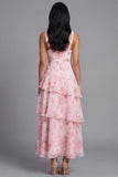 Tiered A Line Floral Pink V Neck Wedding Guest Dress