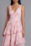 Tiered A Line Floral Pink V Neck Wedding Guest Dress
