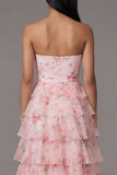 Tiered Strapless Floral Pink Wedding Guest Dress