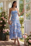 Strapless Floral Blue A Line Ruffled Wedding Guest Dress