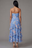 Strapless Floral Blue A Line Ruffled Wedding Guest Dress