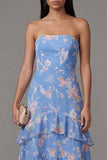 Strapless Floral Blue A Line Ruffled Wedding Guest Dress