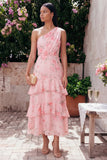 One Shoulder Floral Pink Ruched A Line Wedding Guest Dress