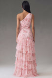 Floral Pink One Shoulder Tiered Wedding Guest Dress with Slit