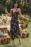 Black Printed A Line V Neck Midi Wedding Guest Dress
