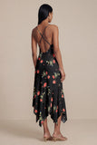 Black Printed A Line V Neck Midi Wedding Guest Dress