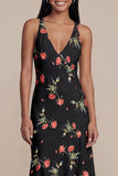 Black Printed A Line V Neck Midi Wedding Guest Dress