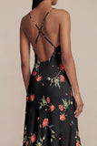 Black Printed A Line V Neck Midi Wedding Guest Dress