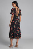 Black Printed A Line Short Sleeve Midi Wedding Guest Dress