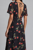 Black Printed A Line Short Sleeve Midi Wedding Guest Dress