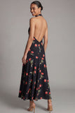 Halter Black Printed A Line Backless Wedding Guest Dress